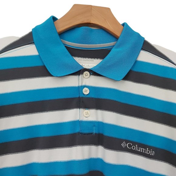 Columbia Polo Shirt Mens Large Blue Gray Stripes Sun Protection Performance Golf - Picture 3 of 10